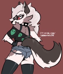 Size: 1168x1362 | Tagged: suggestive, artist:capaoculta, loona (vivzmind), canine, demon, fictional species, hellhound, mammal, anthro, hazbin hotel, helluva boss, 2021, alternate outfit, bottomwear, butt, butt pose, canid demon, clothes, collar, colored sclera, crop top, cropped shirt, ear piercing, earring, eyewear, female, fur, glasses, gloves, gray body, gray fur, hand on hip, handwear, legwear, looking at you, looking back, looking back at you, micro shorts, multicolored body, multicolored fur, piercing, pose, rear view, red background, red sclera, shirt, shorts, simple background, solo, solo female, spiked collar, spikes, standing, sunglasses, thigh highs, three-quarter view, topwear, two toned body, two toned fur, white body, white eyes, white fur