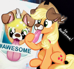 Size: 1419x1325 | Tagged: safe, artist:rainbow eevee, applejack (mlp), earth pony, equine, fictional species, mammal, pony, feral, friendship is magic, hasbro, my little pony, snapchat, awesome, clothes, cowboy hat, cursed image, cute, cutie mark, dog ears, dog tail, female, filter, freckles, green eyes, hat, implied winona (mlp), random stuff, silly, silly pony, sitting, solo, solo female, sticker, tail, tongue, tongue out, wat