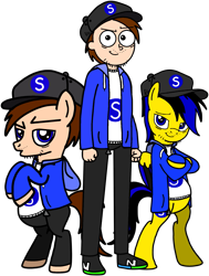 Size: 1449x1913 | Tagged: safe, artist:mrstheartist, oc, oc only, oc:mr.s, oc:ponyseb 2.0, oc:seb the pony, equine, fictional species, human, mammal, pegasus, pony, feral, friendship is magic, hasbro, my little pony, base used, belly, bipedal, bright colors, cap, clothes, colored wings, crossed hooves, group, hat, hoodie, hooves, looking at you, male, males only, snapback, stallion, topwear, trio, trio male, wings