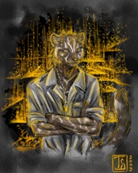 Size: 800x1000 | Tagged: safe, artist:ts-cat, big cat, cheetah, feline, hybrid, mammal, tiger, anthro, clothes, fire, jewelry, male, necklace, shirt, solo, solo male, topwear