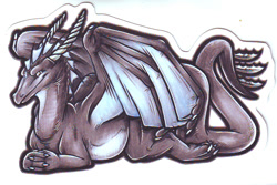 Size: 1000x667 | Tagged: safe, artist:onnanoko, dragon, fictional species, western dragon, feral, 2d, horns, looking at you, lying down, male, smiling, solo, solo male, spread wings, traditional art, wings