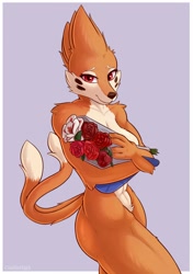 Size: 900x1280 | Tagged: suggestive, artist:cooliehigh, buizel, fictional species, mammal, anthro, nintendo, pokémon, 2019, bouquet, covering, female, flower, fluff, lidded eyes, looking at you, multiple tails, nudity, pubic fluff, red eyes, rose, smiling, solo, solo female, tail, two tails