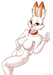 Size: 821x1166 | Tagged: suggestive, artist:cooliehigh, fictional species, mammal, scorbunny, anthro, nintendo, pokémon, 2019, big breasts, breasts, featureless breasts, female, fluff, gesture, looking at you, nudity, pubic fluff, red eyes, smiling, solo, solo female, starter pokémon, v sign