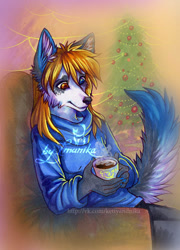 Size: 531x738 | Tagged: safe, artist:imanika, oc, oc only, canine, mammal, wolf, anthro, 2015, blue eyes, bottomwear, christmas, christmas tree, clothes, conifer tree, drink, female, fluff, heterochromia, holiday, hot chocolate, mug, pants, red eyes, smiling, solo, solo female, sweater, tail, tail fluff, topwear, traditional art, tree, watermark
