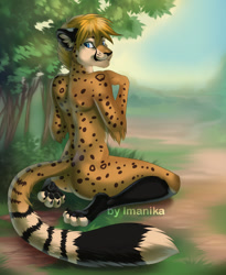 Size: 771x938 | Tagged: safe, artist:imanika, oc, oc only, cheetah, feline, mammal, anthro, digitigrade anthro, blue eyes, butt, looking at you, looking back, looking back at you, male, nudity, paw pads, paws, solo, solo male, underpaw