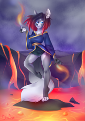 Size: 771x1100 | Tagged: safe, artist:berruchan, oc, oc only, oc:hailey, canine, mammal, wolf, anthro, blue eyes, bottomwear, clothes, female, fire, lava, lidded eyes, looking at you, magic, robe, skirt, smiling, smirk, solo, solo female