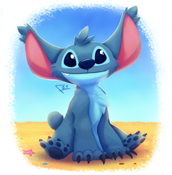 Size: 1492x1519 | Tagged: safe, artist:finestfox, stitch (lilo & stitch), alien, experiment (lilo & stitch), fictional species, starfish, disney, lilo & stitch, 2021, 4 fingers, 4 toes, blue body, blue claws, blue eyes, blue fur, blue nose, blue paw pads, cheek fluff, chest fluff, claws, ear fluff, fluff, fur, head fluff, male, paw pads, paws, sand, short tail, sitting, smiling, solo, solo male, tail