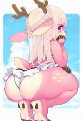 Size: 1325x1950 | Tagged: suggestive, artist:きしべ, cervid, mammal, anthro, antlers, big butt, bikini, blonde hair, butt, clothes, crouching, female, fluff, fur, hair, hooves, horn, kemono, long hair, multicolored body, multicolored fur, pink body, pink fur, solo, solo female, swimsuit, tail, thick thighs, thighs, underhoof