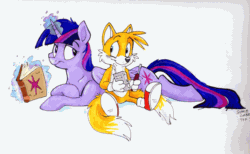 Size: 1355x835 | Tagged: safe, artist:spain fischer, miles "tails" prower (sonic), twilight sparkle (mlp), alicorn, canine, equine, fictional species, fox, mammal, pony, red fox, anthro, feral, plantigrade anthro, friendship is magic, hasbro, my little pony, sega, sonic the hedgehog (series), crossover, dipstick tail, female, fluff, male, multiple tails, orange tail, tail, tail fluff, two tails, white tail