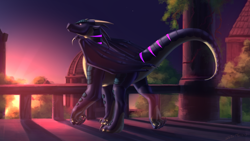 Size: 3000x1688 | Tagged: safe, artist:shido-tara, oc, oc only, dragon, fictional species, feral, 2021, commission, detailed background, female, folded wings, high res, looking back, palace, raised leg, solo, solo female, sunset, tail, webbed wings, wings