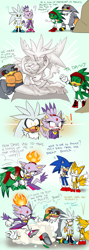 Size: 476x1338 | Tagged: safe, artist:biko97, blaze the cat (sonic), jet the hawk (sonic), miles "tails" prower (sonic), silver the hedgehog (sonic), sonic the hedgehog (sonic), storm the albatross (sonic), albatross, bird, bird of prey, canine, cat, feline, fox, hawk, hedgehog, mammal, petrel, red fox, anthro, sega, sonic the hedgehog (series), 2019, angry, attacking, blood, blushing, choking, comic, cross-popping veins, dialogue, dipstick tail, female, fine art parody, fire, fluff, funny, fur, male, male/female, multiple tails, nosebleed, orange tail, parody, quills, rage, sculpture, shipping, silvaze (sonic), statue, tail, tail fluff, talking, text, this ended in pain, two tails, white tail