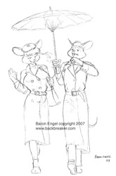 Size: 566x859 | Tagged: safe, artist:baron engel, oc, oc only, mammal, mouse, rodent, anthro, plantigrade anthro, 2007, beret, bottomwear, clothes, coat, pants, parasol, shoes, sketch, topwear, traditional art