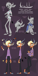 Size: 640x1280 | Tagged: safe, artist:birchly, oc, oc only, oc:birchly, antelope, bovid, gazelle, mammal, anthro, blonde hair, bottomwear, clothes, cloven hooves, digital art, ears, eyes closed, front view, fur, gerenuk, hair, hooves, horns, huddling, lidded eyes, looking at you, open mouth, pants, reference sheet, shirt, side view, simple background, standing, tail, tail tuft, text, topwear
