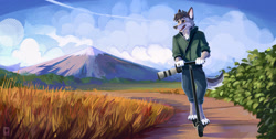 Size: 1280x643 | Tagged: safe, artist:yookie, canine, mammal, wolf, anthro, black hair, camera, clothes, cloud, fur, gray body, gray fur, hair, jeans, male, mountain, outdoors, pants, scenery, scooter, sky, solo, solo male, yellow eyes