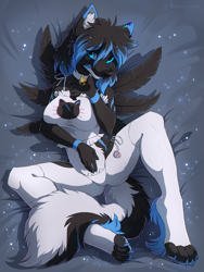 Size: 903x1200 | Tagged: suggestive, artist:hioshiru, oc, oc:snowy (yuki-the-fox), canine, mammal, anthro, 2017, bed, bell, bell collar, black body, black fur, black hair, black nose, blue body, blue eyes, blue fur, blue hair, boob window, breasts, cat keyhole bra set, cat lingerie, claws, clothes, collar, ear fluff, eye through hair, feathers, female, fluff, fur, furniture, hair, legwear, lingerie, looking at you, lying, lying down, multicolored hair, nudity, on back, panties, partial nudity, paw pads, paws, shirt, solo, solo female, tail, tail fluff, top view, topwear, two toned hair, underwear, white body, white fur