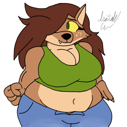 Size: 800x800 | Tagged: suggestive, artist:isaiahtse, big cat, feline, lion, mammal, anthro, breasts, brown hair, clothes, colored sclera, familiar travels, fangs, female, green eyes, hair, huge breasts, lioness, mocha (familiar travels), sharp teeth, simple background, slightly chubby, teeth, watermark, white background, yellow sclera
