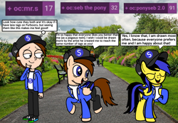 Size: 3000x2077 | Tagged: safe, artist:mrstheartist, oc, oc only, oc:mr.s, oc:ponyseb 2.0, oc:seb the pony, equine, fictional species, human, mammal, pegasus, pony, feral, furbooru, friendship is magic, hasbro, my little pony, base used, cap, clothes, eyes closed, grass, group, hat, high res, hoodie, looking at each other, male, males only, meta, open mouth, park, ponified, snapback, speech bubble, stallion, topwear, tree, trio, trio male