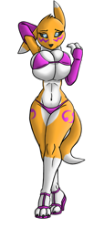 Size: 496x1200 | Tagged: suggestive, artist:creatiffy, fictional species, renamon, anthro, digitigrade anthro, digimon, 2017, arms behind head, belly button, big breasts, bikini, black nose, black sclera, breasts, clothes, colored sclera, commission, digital art, ears, female, fur, gloves, high heels, long gloves, looking at you, pose, shoes, simple background, solo, solo female, swimsuit, tail, thighs, white background, wide hips