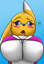 Size: 826x1200 | Tagged: suggestive, artist:creatiffy, fictional species, renamon, anthro, digimon, 2017, big breasts, bikini, black nose, black sclera, blue background, breasts, clothes, colored sclera, digital art, ears, female, floppy ears, fur, gloves, long gloves, looking at you, looking down, looking down at you, open mouth, simple background, solo, solo female, swimsuit