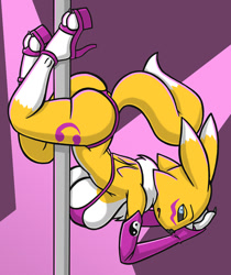 Size: 1009x1200 | Tagged: suggestive, artist:creatiffy, fictional species, renamon, anthro, digitigrade anthro, digimon, 2017, bedroom eyes, big breasts, bikini, black nose, black sclera, breasts, butt, clothes, colored sclera, digital art, ears, female, fluff, fur, gloves, high heels, long gloves, looking at you, neck fluff, pole dancing, rear view, shoes, sideboob, solo, solo female, stripper, stripper pole, swimsuit, tail, thighs, wide hips