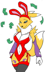 Size: 804x1200 | Tagged: suggestive, artist:creatiffy, fictional species, renamon, anthro, digimon, 2016, big breasts, black nose, black sclera, breasts, bunny ears, bunny suit, clothes, colored sclera, digital art, ears, female, fluff, fur, gloves, legwear, long gloves, looking at you, money, neck fluff, simple background, solo, solo female, stockings, tail, thighs, white background, wide hips
