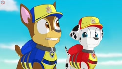 Size: 1280x720 | Tagged: safe, artist:rainbow eevee, chase (paw patrol), marshall (paw patrol), canine, dalmatian, dog, german shepherd, mammal, feral, nickelodeon, paw patrol, 2020, bag, beach, black nose, cap, clothes, cloud, collar, digital art, duo, duo male, ears, fur, hat, male, males only, sky, spotted body, spotted fur, topwear, vest