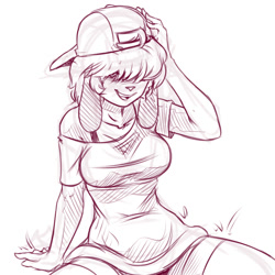 Size: 1200x1200 | Tagged: safe, artist:plague of gripes, oc, oc:sam (colo), canine, dog, mammal, anthro, cc by-nc, creative commons, backwards ballcap, baseball cap, cap, clothes, female, hair, hair over eyes, hat, limited palette, monochrome, simple background, sitting, smiling, solo, solo female, white background