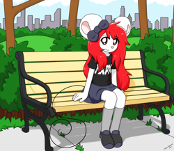 Size: 920x797 | Tagged: safe, artist:tydaze, mammal, mouse, rodent, anthro, plantigrade anthro, bench, bottomwear, bow, clothes, crossdressing, front view, fur, hair, hair bow, looking at you, male, red hair, shirt, sitting, skirt, socks, solo, solo male, tail, three-quarter view, topwear, white body, white fur