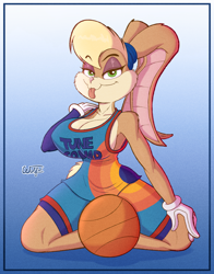 Size: 1320x1680 | Tagged: safe, artist:ookamithewolf1, lola bunny (looney tunes), lagomorph, mammal, rabbit, anthro, looney tunes, space jam, space jam: a new legacy, warner brothers, ball, basketball, breasts, clothes, female, front view, fur, green eyes, looking at you, orange body, orange fur, solo, solo female, three-quarter view, tongue, tongue out