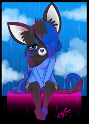 Size: 1581x2182 | Tagged: safe, artist:luluamore, oc, oc only, cat, feline, mammal, anthro, :<, black body, black fur, blue eyes, blue hair, blue nose, clothes, cloud, day, digital art, ears, female, frowning, fur, grumpy, hair, kitten, pink, rain, rainy, sad, signature, sitting, sky, solo, solo female, tail, topwear, young