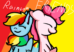Size: 546x389 | Tagged: artist needed, safe, pinkie pie (mlp), rainbow dash (mlp), oc, oc:rainbow eevee, earth pony, eevee, eeveelution, equine, fictional species, hybrid, mammal, pokémon pony, pony, friendship is magic, hasbro, my little pony, nintendo, pokémon, best friends, duo, duo female, eyes closed, female, females only, floppy ears, folded wings, friends, happy, low res, old art, shading, simple background, smiling, wings