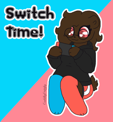 Size: 1180x1272 | Tagged: safe, artist:cuddlygrizzly, oc, oc only, oc:cuddle the grizzly, bear, mammal, nintendo, nintendo switch, :3, bottomwear, brown body, brown fur, brown hair, clothes, cute, female, fur, game, gamer, gaming, hair, hoodie, kawaii, legwear, ocbetes, pink eyes, shorts, sitting, smiling, solo, solo female, tail, thigh highs, thighs, topwear