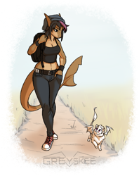 Size: 741x936 | Tagged: safe, artist:greyskee, oc, oc only, oc:vivian, dragon, fictional species, anthro, feral, plantigrade anthro, backpack, black hair, bottomwear, brown body, clothes, duo, female, fins, fish tail, front view, hair, male, midriff, multicolored hair, outdoors, pants, purple hair, shoes, size difference, sneakers, spread wings, tail, tank top, topwear, two toned hair, walking, webbed wings, white body, wings