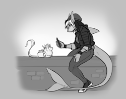Size: 900x707 | Tagged: safe, artist:greyskee, oc, oc only, oc:vivian, dragon, fictional species, fish, shark, anthro, feral, plantigrade anthro, 2020, beanie, bottomwear, cell phone, clothes, female, jacket, male, pants, phone, sketch, sneakers, topwear