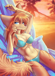 Size: 630x866 | Tagged: safe, artist:imanika, canine, fox, mammal, anthro, 2017, 5 fingers, beach, belly button, bikini, blue eyes, body markings, breasts, brown hair, cheek fluff, chest fluff, clothes, commission, detailed background, digital art, ear markings, female, fingers, fluff, fur, hair, leg marking, solo, solo female, swimsuit, tail, tail fluff, tan body, tan fur, vixen, watermark, ych result