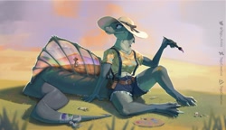 Size: 2138x1235 | Tagged: safe, artist:tegu_artist, dragon, fictional species, reptile, anthro, big tail, body paint, clothes, female, fins, jean shorts, paintbrush, painting, shirt, solo, solo female, solo focus, sun hat, suspenders, tail, topwear