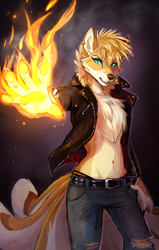 Size: 600x946 | Tagged: safe, artist:skeleion, oc, oc only, oc:ash, canine, fictional species, fox, mammal, ninetales, anthro, nintendo, pokémon, bottomwear, chest fluff, clothes, female, fire, fluff, green eyes, jacket, looking at you, multiple tails, panties, pants, smiling, solo, solo female, tail, topwear, underwear, vixen