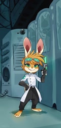Size: 612x1280 | Tagged: safe, artist:skeleion, oc, oc only, oc:ash, anthro, plantigrade anthro, clothes, coat, female, gloves, goggles, green eyes, grin, hand on hip, lab coat, long gloves, looking at you, smiling, solo, solo female, syringe, topwear
