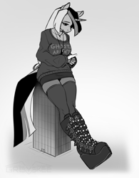Size: 842x1080 | Tagged: safe, artist:greyskee, oc, oc only, equine, fictional species, mammal, pony, unicorn, anthro, bottomwear, building, cell phone, clothes, female, giant, high heels, legwear, macro, phone, platform shoes, shoes, skirt, smiling, solo, solo female, sweater, thigh highs, topwear