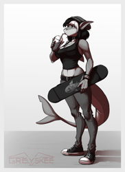 Size: 785x1080 | Tagged: safe, artist:greyskee, oc, oc only, oc:vivian, fish, shark, anthro, plantigrade anthro, beanie, big breasts, bottomwear, breasts, clothes, crop top, drink, female, looking at you, midriff, pants, skateboard, slushy, sneakers, solo, solo female, tank top, topwear