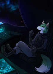 Size: 1081x1509 | Tagged: safe, artist:skeleion, oc, oc only, canine, fox, mammal, anthro, plantigrade anthro, angry, armor, boots, bottomwear, chair, chest, clothes, gloves, looking at you, pants, sci-fi, shirt, shoes, topwear
