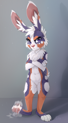 Size: 708x1280 | Tagged: safe, artist:skeleion, oc, oc only, hare, lagomorph, mammal, anthro, plantigrade anthro, angry, chest fluff, crossed arms, featureless crotch, fluff, looking at you, male, purple eyes, solo, solo male, unamused