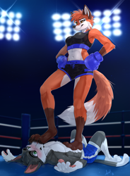 Size: 900x1220 | Tagged: safe, artist:skeleion, oc, oc only, oc:dakota, oc:jake, canine, cat, feline, fox, mammal, anthro, digitigrade anthro, big breasts, bottomwear, boxing gloves, boxing ring, breasts, brown body, brown fur, clothes, crop top, digital art, ears, female, fur, gloves, gray body, gray fur, green eyes, hair, indoors, lidded eyes, looking down, male, midriff, orange eyes, partial nudity, paws, red body, red fur, shorts, smiling, smug, socks (leg marking), sweat, tail, tank top, topless, topwear, vixen, white body, white fur