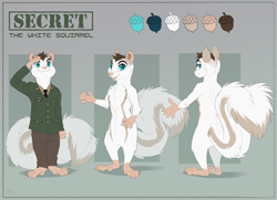Size: 2000x1449 | Tagged: safe, artist:skeleion, oc, oc only, oc:secret, mammal, rodent, squirrel, semi-anthro, chest fluff, clothes, fluff, looking at you, looking back, looking back at you, male, reference sheet, salute, smiling, solo, solo male, teal eyes, uniform