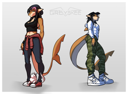 Size: 1171x864 | Tagged: safe, artist:greyskee, oc, oc only, oc:vivian, dragon, fictional species, fish, shark, anthro, beanie, bottomwear, cap, cigarette, clothes, female, fereal, flannel shirt, hat, hoodie, male, pants, shirt, sneakers, tank top, topwear