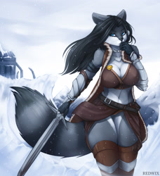 Size: 3003x3300 | Tagged: safe, artist:redwix, mammal, procyonid, raccoon, anthro, 2019, armor, belly button, big breasts, black hair, black nose, blue eyes, boots, breasts, cleavage, coat, commission, ear fluff, ears, eyebrows, eyelashes, female, fluff, footwear, hair, high res, legwear, long hair, shoulder fluff, snow, snowfall, solo, solo female, sword, tail, tail fluff, thick thighs, thigh high boots, thighs, topwear, weapon