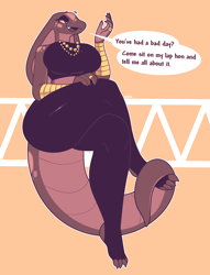 Size: 2180x2848 | Tagged: safe, artist:inkplasm, reptile, snake, anthro, black outline, breasts, double outline, female, flat colors, high res, huge breasts, jewelry, leather pants, leather top, necklace, orange background, simple background, solo, solo female, tail, thick thighs, thighs, tight clothing, top, white outline