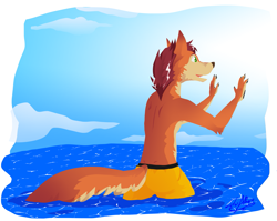 Size: 1693x1348 | Tagged: safe, artist:luluamore, oc, oc only, oc:wizarding fox, canine, fox, mammal, anthro, beach, clothes, commission, digital art, lineless, rear view, solo, summer, swimsuit, tail, trunks, water
