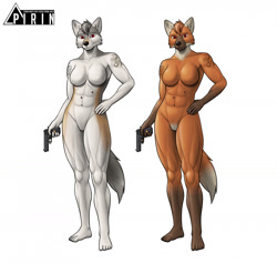 Size: 1280x1211 | Tagged: suggestive, artist:pirin-apex, oc, oc only, canine, mammal, wolf, anthro, plantigrade anthro, 2021, abs, barefoot, belly button, black nose, breasts, digital art, duo, duo female, ears, eyelashes, featureless breasts, featureless crotch, feet, female, females only, fur, gun, hair, handgun, holding, muscles, tail, thighs, weapon, wide hips