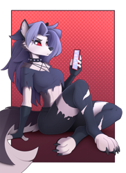 Size: 1510x2070 | Tagged: safe, artist:yakovlev-vad, loona (vivzmind), canine, fictional species, hellhound, mammal, anthro, digitigrade anthro, hazbin hotel, helluva boss, 2021, abstract background, black nose, border, bottomwear, breasts, cell phone, claws, clothes, collar, colored sclera, crop top, ear fluff, ears, eyebrows, eyelashes, eyeshadow, female, fingerless gloves, fluff, fur, gloves, gradient background, gray body, gray fur, gray hair, hair, legwear, long hair, looking at you, makeup, paws, phone, red sclera, shoulder fluff, smartphone, solo, solo female, spiked collar, tail, tail fluff, thigh highs, thighs, toeless legwear, topwear, torn clothes, torn ear, white border, white eyes, white hair